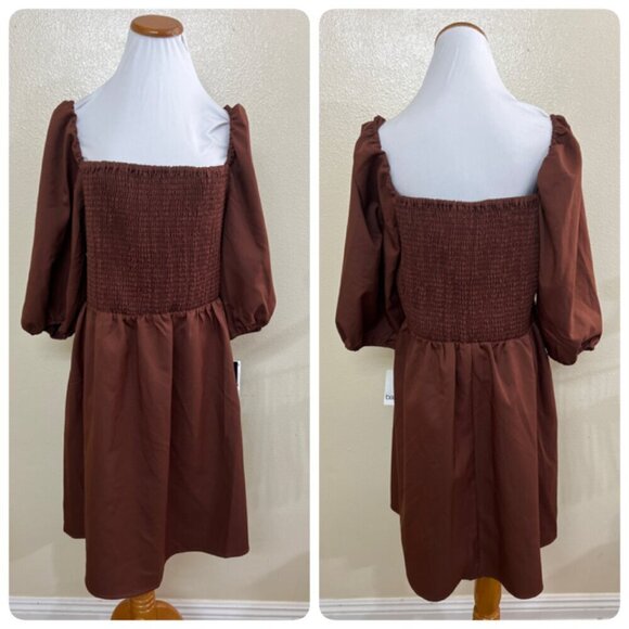 Bar III Womens Smocked Off The Shoulder Dress Puff Sleeves XL Brown - Picture 2 of 10